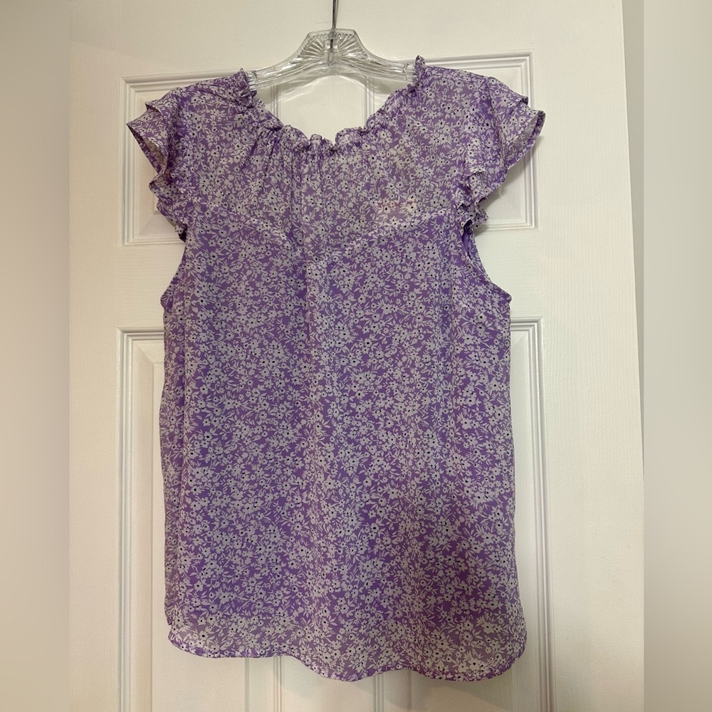 Monteau Purple and White Flutter Sleeve Blouse